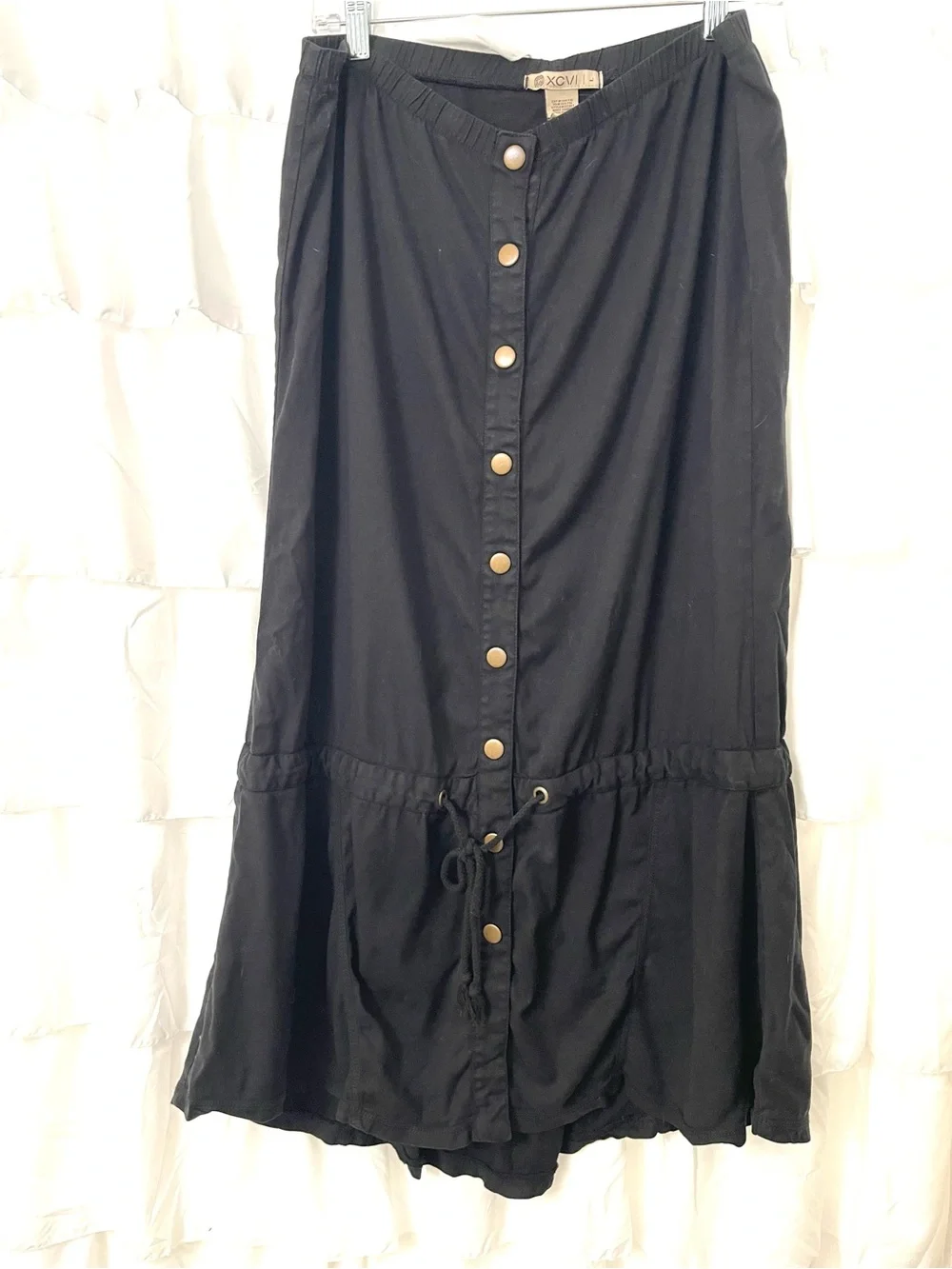 XCVI Black Button-Front Drawstring Maxi Skirt with Brass Buttons